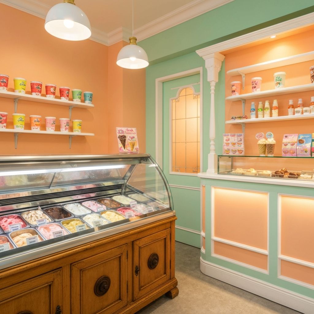 Inside Naughty But Nice Ice Creamery — colourful display freezer with ice cream flavours