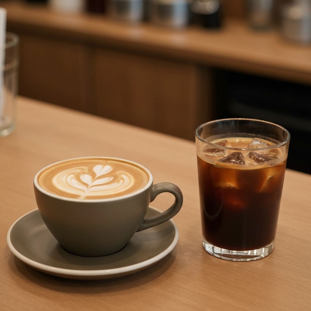 Hot coffee with latte art and iced coffee beverages