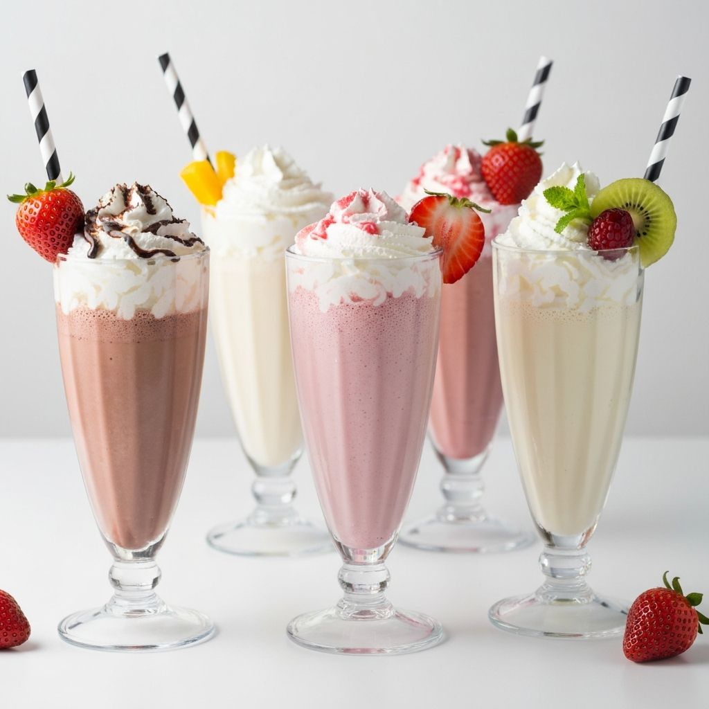 Thick creamy milkshakes in multiple flavours with whipped cream on top